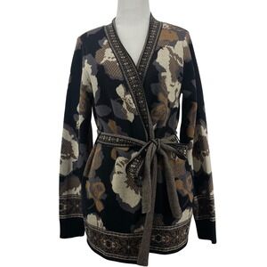 Denim & Co Oversized XS Floral Wrap Cardigan Sweater Black Tan Belted Jacquard
